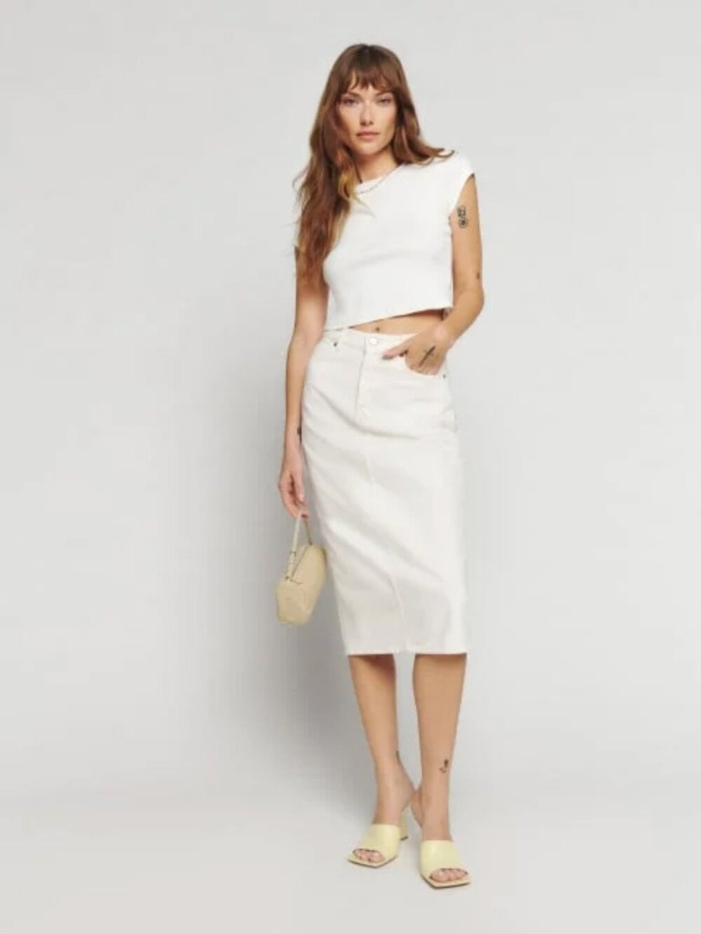 Reformation - Jayde High Rise Denim Midi Skirt - Size 25 - Cream
